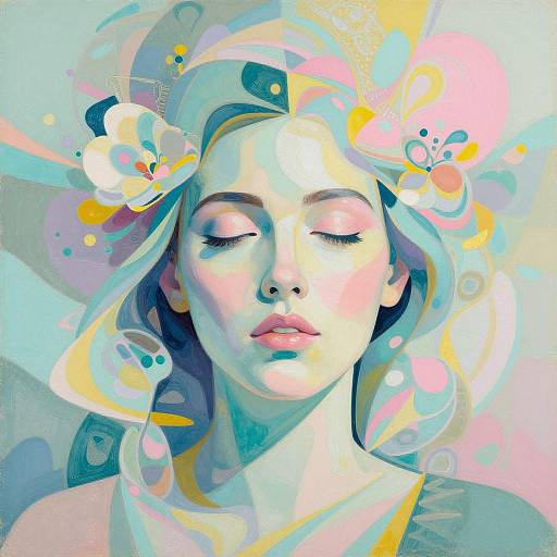 Digital painting of a serene, fair-skinned woman with closed eyes, surrounded by abstract, colorful floral patterns in pastel blues, pinks, and
