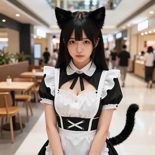 Photograph of an Asian woman in a black and white catmaid outfit with cat ears and tail, standing in a brightly lit, modern café. Background