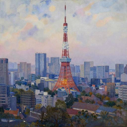 Tokyo Tower Skyline at Dusk in Impressionist Style