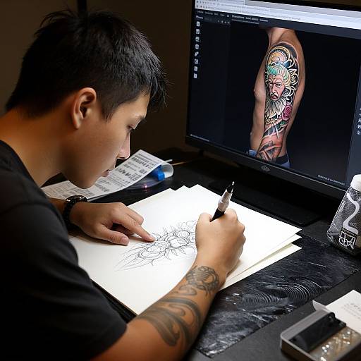 Young tattoo artist with short black hair and tattooed arm, intensely drawing on white paper, inspired by colorful tattoo on computer screen.