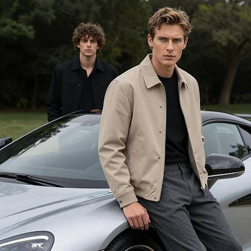 Two Men by a Sleek Silver Sports Car