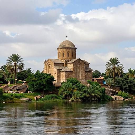 Photograph of a historic stone church with a dome, surrounded by lush palm trees, greenery, and a reflective river under a partly cloudy sky.