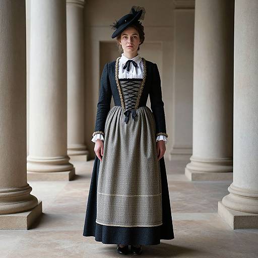 Photograph of a young woman in 19th-century Victorian attire, black dress with lace trim, corset, checkered apron, black hat