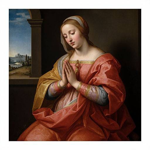 Photograph of a Renaissance painting: A fair-skinned, blonde woman in a red and gold embroidered dress, praying with hands together, against a dark