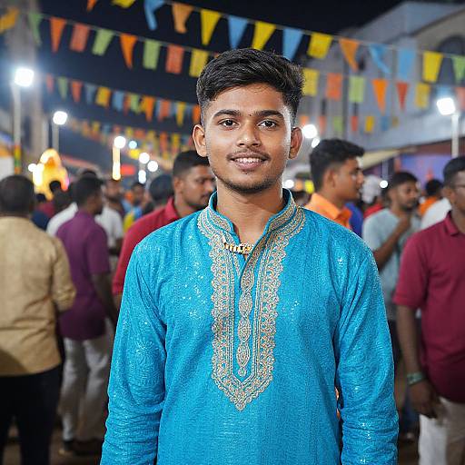 Photograph of a smiling young Indian man with short black hair, wearing a blue embroidered traditional kurta, standing in a festive, brightly lit outdoor market