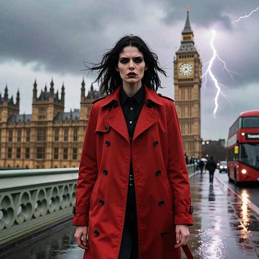 Photograph of a dark-haired woman in a red coat standing on a wet, stormy London Bridge with Big Ben and a lightning bolt in the background