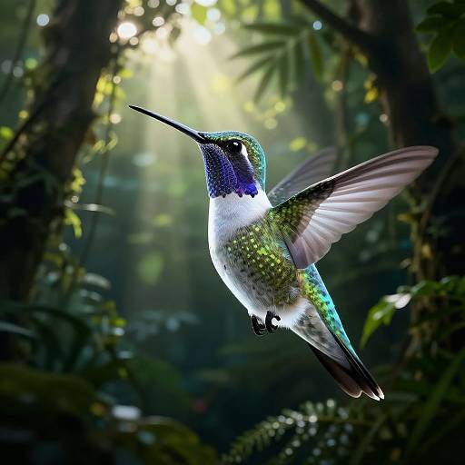 Photograph of a vibrant, iridescent hummingbird in mid-flight, wings blurred, against a sunlit, lush forest background with green foliage.