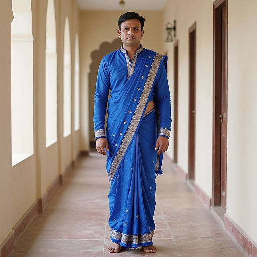 Photograph of a serious Indian man in a vibrant blue traditional kurta with silver embroidery, standing in a sunlit hallway.