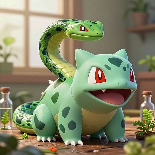 Photorealistic CGI of a happy Bulbasaur with red eyes, green spots, and a raised Venusaur head, surrounded by plants and small bottles