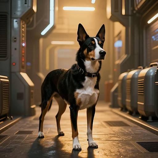 Photorealistic CGI of a black and white Border Collie with a tan chest, standing alert in a futuristic, neon-lit, metallic corridor.