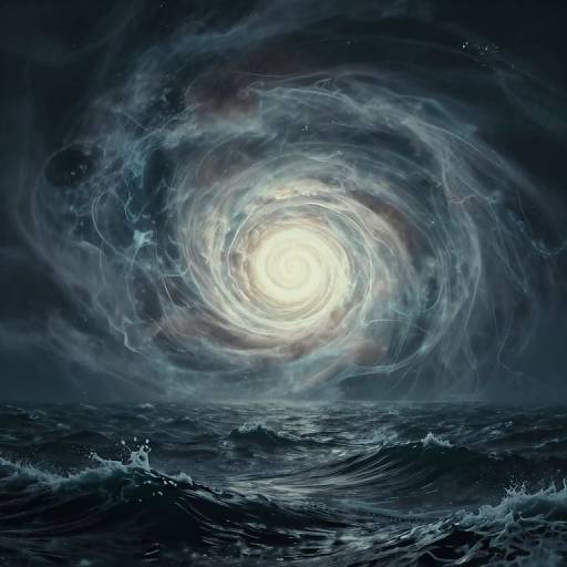 Digital artwork of a swirling, luminous tornado over a dark, choppy ocean, with turbulent waves below and a starry, night sky above.