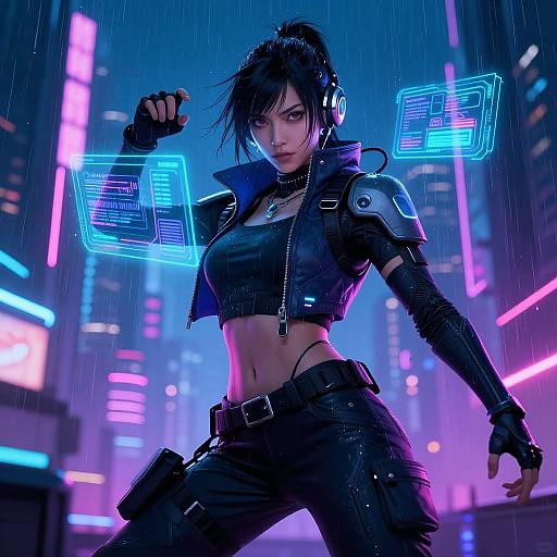 Cyberpunk digital art: intense, wet, black-haired woman in leather jacket and pants, neon city background, glowing holographic squares, rain,