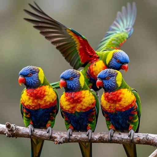 Colorful Rainbow Lorikeets on Branch