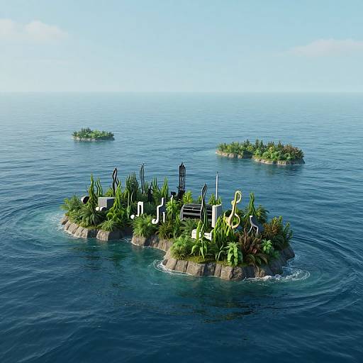 Digital CGI image of a small, lush island in the middle of a calm blue ocean, featuring various large, abstract letter sculptures among greenery. Two