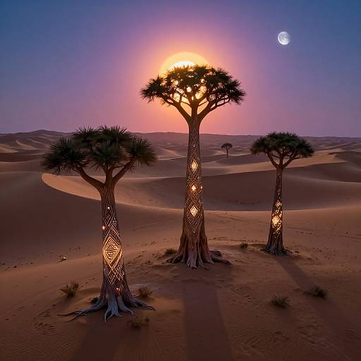Photograph of a desert sunset with three illuminated acacia trees, patterned bark, and a full moon in a purple sky. Dunes stretch into