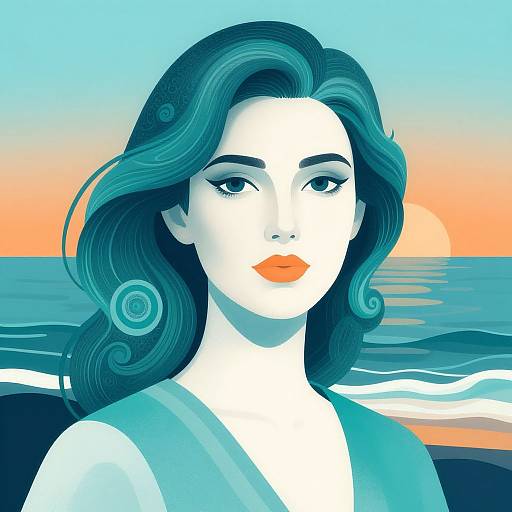 Stylized Woman Amid Abstract Seascape