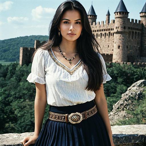Young Woman in Front of Historic Castle