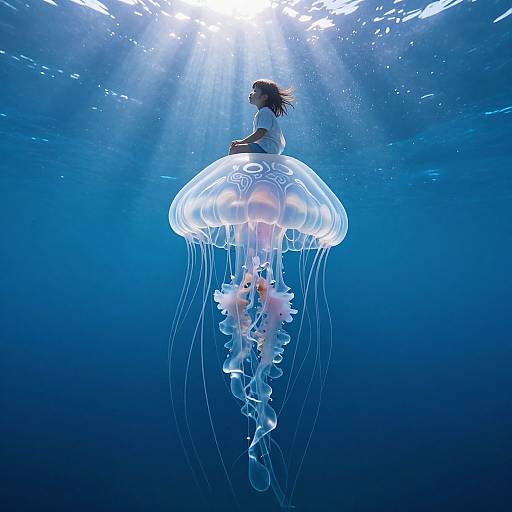 Photograph of a woman with brown hair in a white top, floating underwater on a glowing, translucent jellyfish with long, flowing tentacles, surrounded