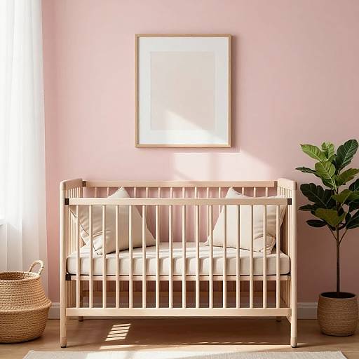 Photograph of a minimalist baby's room with a white crib, pink walls, potted plant, woven basket, and framed artwork.