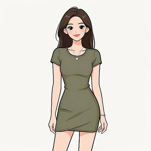 Digital anime-style drawing of a young woman with long black hair, green dress, and necklace, standing against a white background.