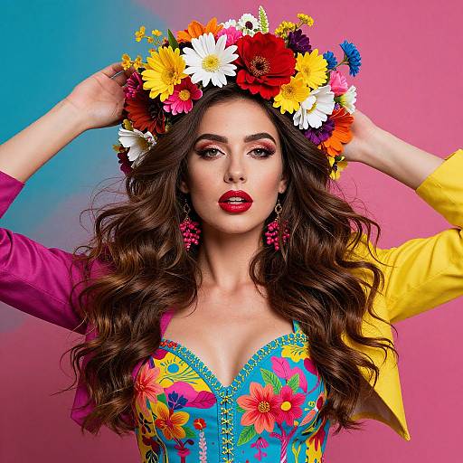 Photograph of a fair-skinned woman with long, wavy brown hair, wearing a colorful floral dress, yellow and purple jacket, red lipstick,
