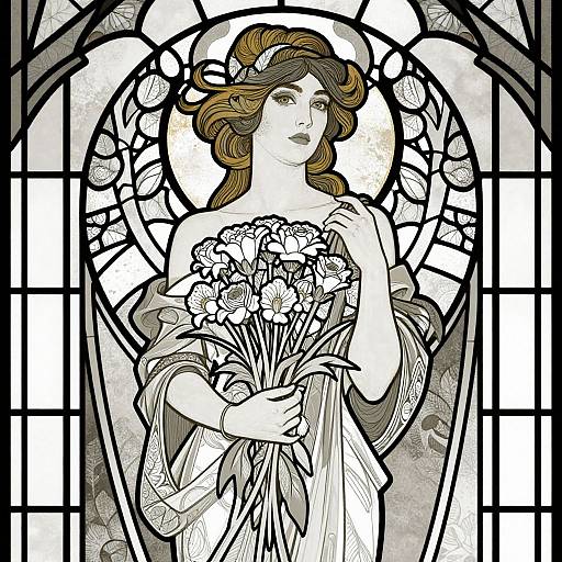 Art Nouveau-style drawing of a woman with wavy brown hair, holding a bouquet of flowers, set against a stained glass window.