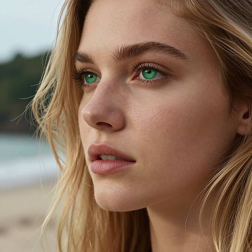 Close-up photograph of a young blonde woman with green eyes, fair skin, and slightly parted lips, standing on a beach with blurred ocean and trees in