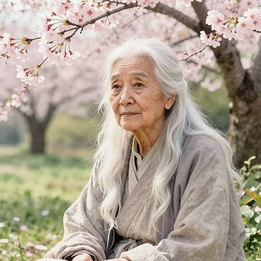 Elderly Woman in Cherry Blossom Garden