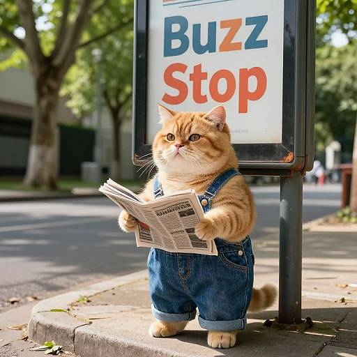 Photograph of an orange tabby kitten in blue denim overalls, reading a newspaper at a 
