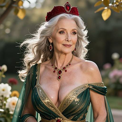 Photograph of an elegant elderly woman with white hair, wearing a red crown, green and gold gown, revealing cleavage, and red jewelry, standing