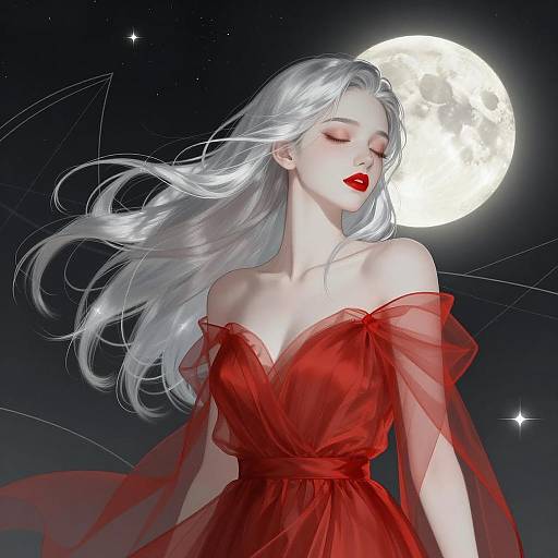 Woman in Red Dress Under Glowing Moon