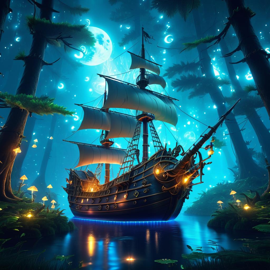 Mystical Pirate Ship in Enchanted Forest