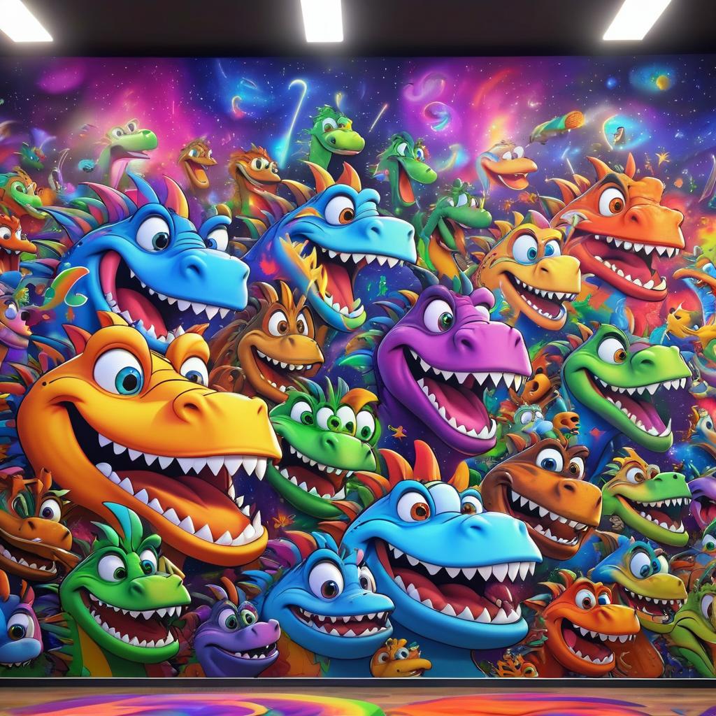 Goofy Cartoon Dinosaurs in Cosmic Graffiti