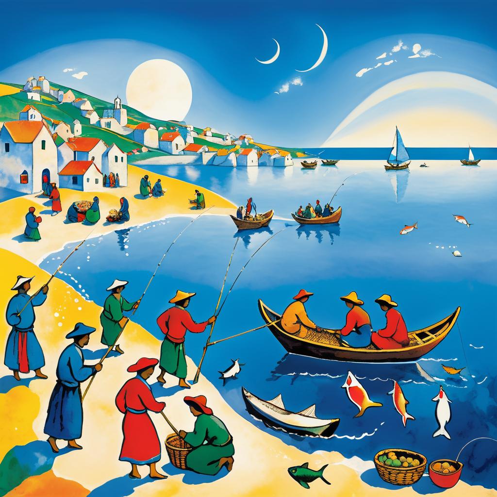 Fishing Tribe Market Scene in Chagall Style