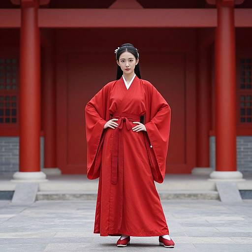 Woman in Red Robe by Red Building
