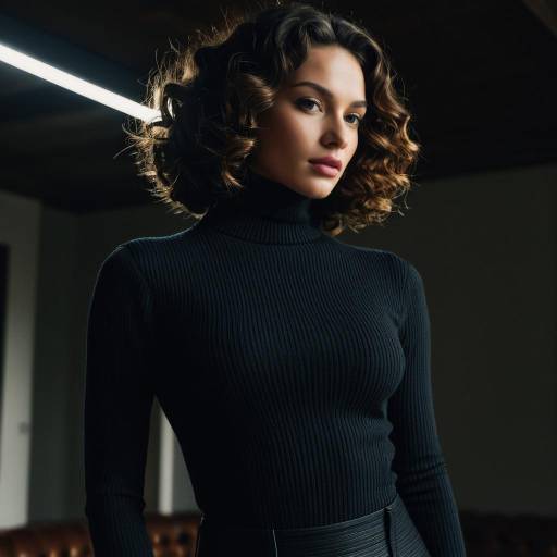 Fashion Model in Black Ribbed Turtleneck