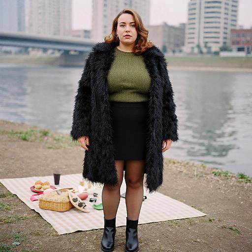Photograph of a curvy woman with medium brown hair, wearing a black fur coat, olive green sweater, black skirt, and black boots, standing