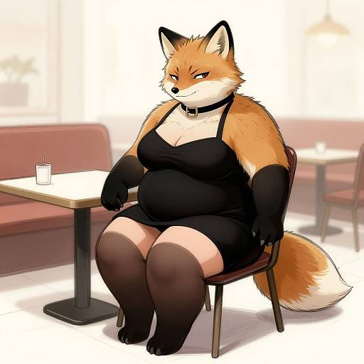 Digital illustration of an anthropomorphic, plus-sized fox woman with orange fur, black dress, gloves, and thigh-high stockings, seated at a cafe table