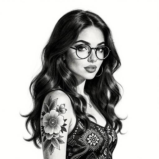 Black-and-white digital drawing of a woman with long, wavy hair, glasses, floral tattoo on her shoulder, and floral dress. She gazes