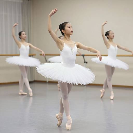 Photograph of three Asian ballerinas in white tutus and pink pointe shoes, performing graceful arm movements in a brightly lit dance studio.