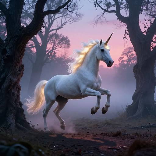Digital art of a white unicorn with a glowing mane and horn, rearing on its hind legs in a misty forest at sunset, framed by dark