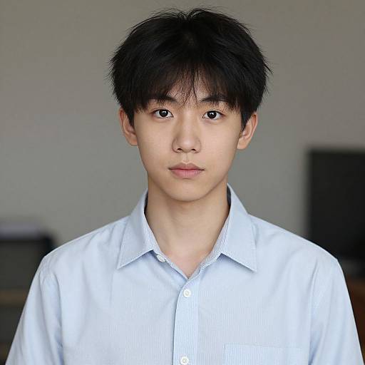 Photograph of a young Asian man with black, tousled hair, light skin, wearing a light blue, button-up shirt, standing against a neutral