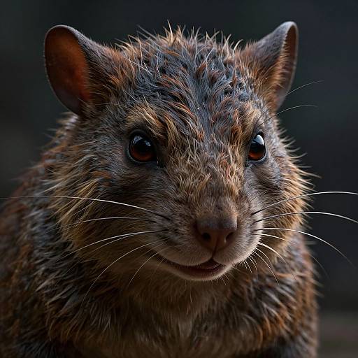 Photorealistic close-up of a furry, brown rat with detailed fur texture, large black eyes, and whiskers, set against a dark background.
