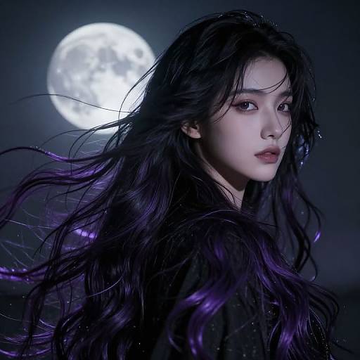 Digital artwork of a pale-skinned, Asian woman with long, dark purple hair, gazing at a bright full moon in a dark night sky.
