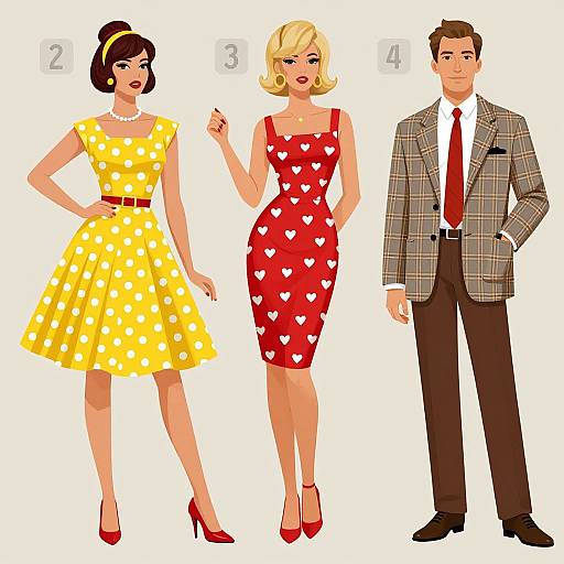 Digital illustration of three vintage-style individuals: woman in yellow polka dot dress, blonde in red heart dress, man in plaid suit. Numbers 