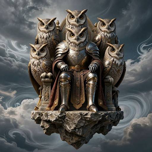 Medieval Armored Owls on Floating Throne