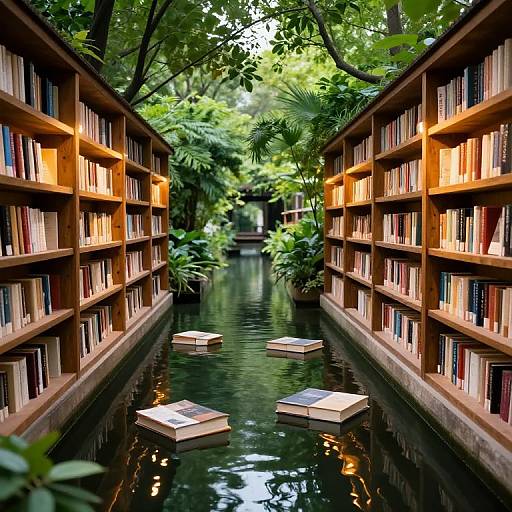 Photograph of a lush, indoor library with two wooden bookshelves on either side of a narrow, reflective water channel with floating book boxes. Bright