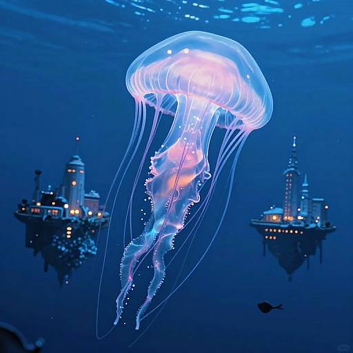 Glowing jellyfish with translucent, umbrella-like dome and long, flowing tentacles swims past futuristic, illuminated underwater city structures in a vibrant blue ocean