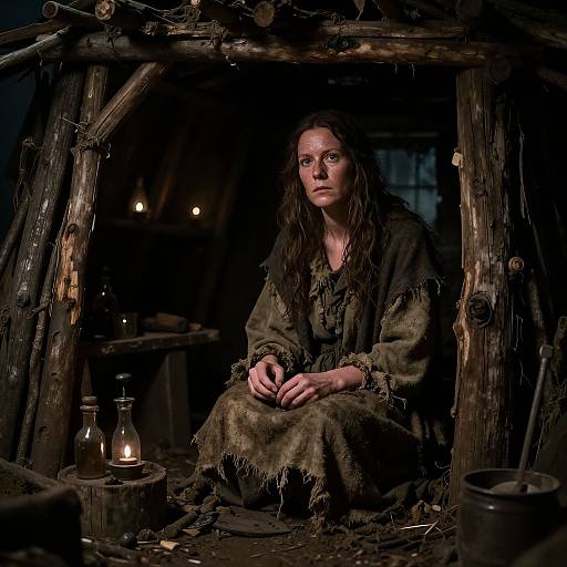 Photograph of a serious, pale-skinned woman with long brown hair, wearing a tattered, dark green robe, sitting in a dimly lit