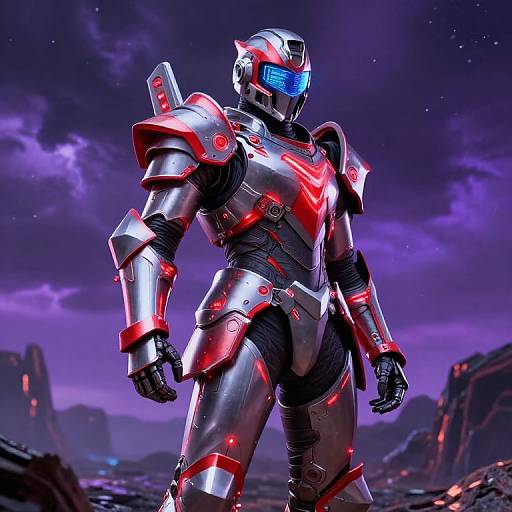 CGI image of a futuristic, armored warrior with silver and red metallic armor, blue visor, standing in a purple, starry night sky with
